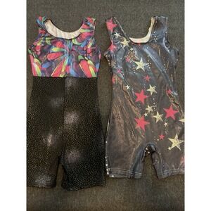 2 Girls Gymnastics Leotard Size 150 Sparkly Black Starry Biketard Unitard Shorts